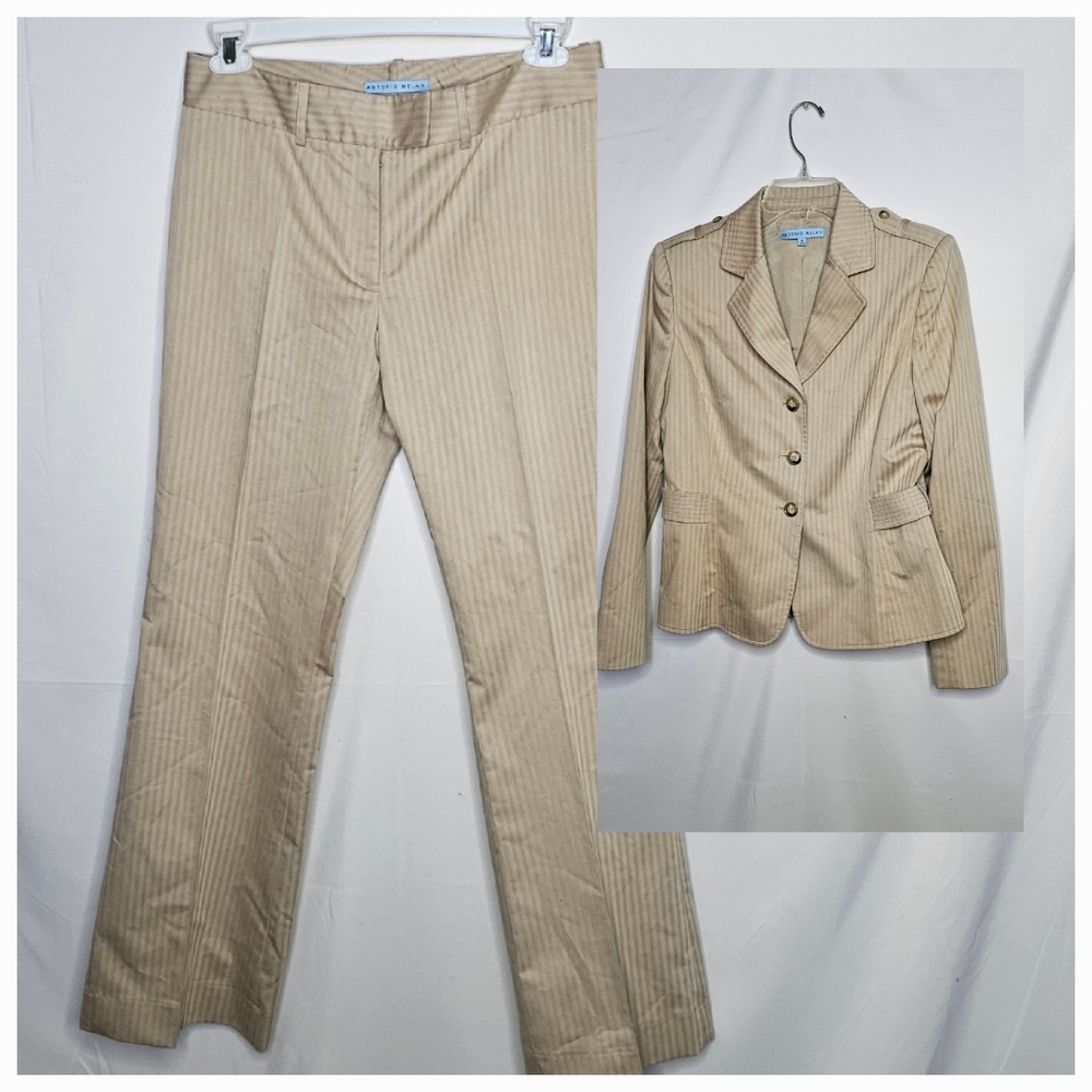 Like New Antonio Melani pinstripe tan 2 pc pants blazer suit set sz 8 - Picture 1 of 10